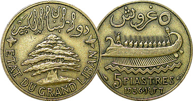 Lebanon 5 Piastres 1925 to 1940