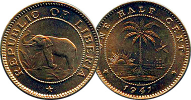 Liberia Cent and Half Cent 1937 to 1941