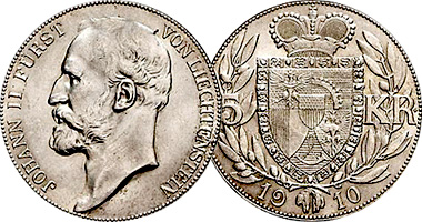 Liechtenstein 1, 2, and 5 Kronen and 1/2, 1, 2, and 5 Franken 1900 to 1924