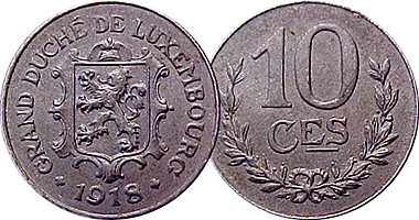 Luxembourg 5, 10, and 25 Centimes 1918 to 1923