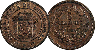 Luxembourg 2 1/2, 5, and 10 Centimes 1854 to 1908
