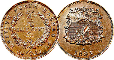 Malaysia Britsh North Borneo Half Cent 1885 to 1907