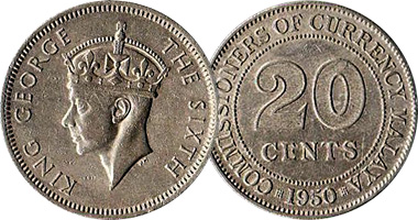 Malaysia Malaya 5, 10, and 20 Cents 1939 to 1950