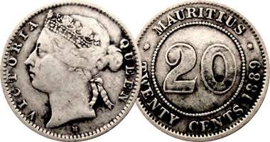 Mauritius 10 and 20 Cents 1877 to 1899
