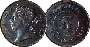 Mauritius 1, 2, and 5 Cents 1877 to 1978