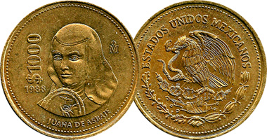 Mexico 1000 Pesos (Juana de Asbaie) 1988 to 1992