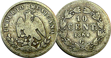 Mexico 5 and 10 Centavos 1864 to 1866