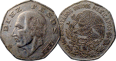 Mexico 10 Pesos 1974 to 1985