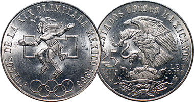 Olympic Games Coin 25 Pesos Juegos de la XIX Olimpiada Mexico 1968 Silver 0.720