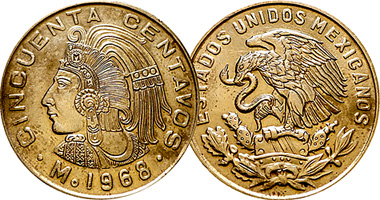 Mexico 50 Centavos (Bronze and Copper-Nickel, with Cuauhtemoc) 1955 to 1983