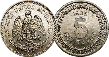 Mexico 5 Centavos 1905 to 1914