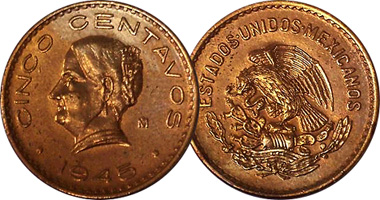 Mexico 5 Centavos 1942 to 1955