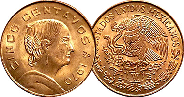 Mexico 5 centavos 1950 to 1976