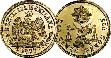 Mexico 5, 10, and 20 Pesos 1870 to 1905