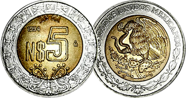 Mexico 5 Nuevo Pesos 1992 to 1995