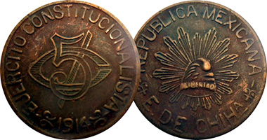 Mexico Chihuahua 5 Centavos 1914 and 1915