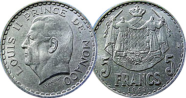 Monaco 1, 2, and 5 Francs 1943 to 1945