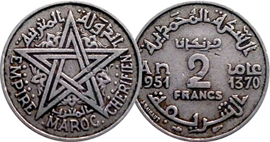 Morocco 50 Centimes and 1 and 2 Francs 1945 to 1951