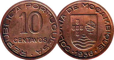 Mozambique 10, 20, and 50 Centavos 1936 to 1974