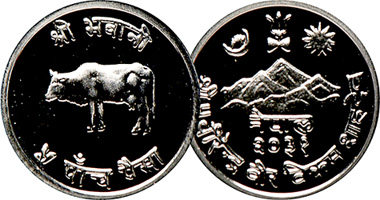 Nepal 5 and 10 Paisa with Cow 1966 to 1971
