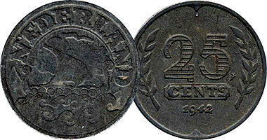 Netherlands 25 Cents (German Occupation) 1941 to 1943