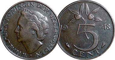 Netherlands 1 and 5 Cents 1948