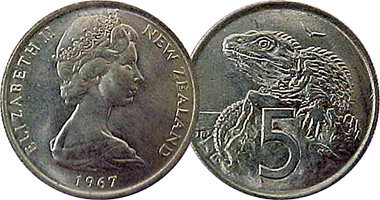 New Zealand 5 Cents with Tuatara 1967 to Date