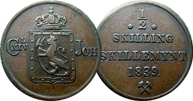 Norway 1/2 Skilling 1839 to 1841