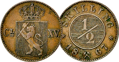 Norway 1/2 and 1 Skilling 1867 to 1870