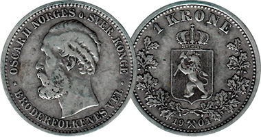 Norway 50 Ore, 1 Krone, 2 Kroner 1874 to 1904