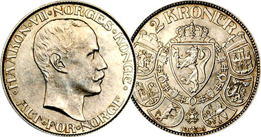 Norway 1 Krone and 2 Kroner (Haakon VII) 1908 to 1917