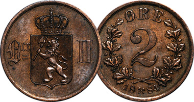 Norway 1, 2, and 5 Ore 1875 to 1902