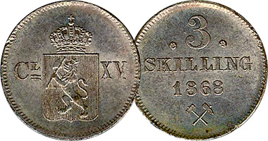 Norway 2, 3, and 4 Skilling (Carl XV) 1868 to 1871
