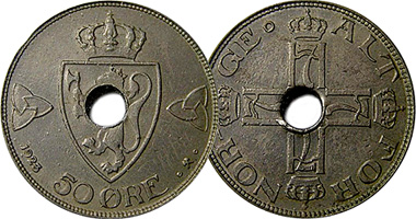 Norway 50 Ore with Hole 1920 to 1923