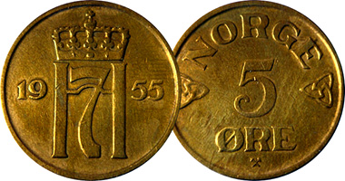 Norway 1, 2, and 5 Ore (with varieties) 1908 to 1957