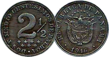 Panama 2 1/2 and 5 Centesimos 1907 to 1985
