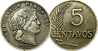 Peru 5, 10, and 20 Centavos 1918 to 1965