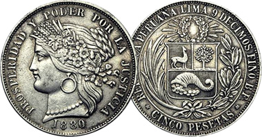 Peru 1/2 Real and 1, and 5 Pesetas 1880 to 1883