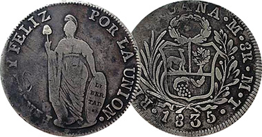 Peru 1/2, 1, 2, 4, and 8 Reales 1825 to 1855
