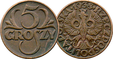 Poland 1 Grosz, 2 Grosze, and 5 Groszy 1923 to 1939