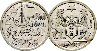 Poland Danzig 1 and 2 Gulden 1923