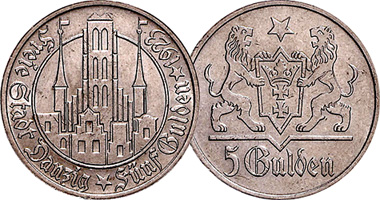 Poland Danzig 5 Gulden 1923 to 1927