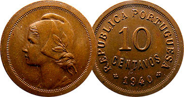 Portugal 4, 5, 10, and 20 Centavos (Miss Liberty) 1917 to 1940