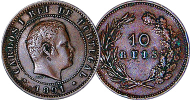 Portugal 5, 10, 20, 100, and 200 Reis 1890 to 1906