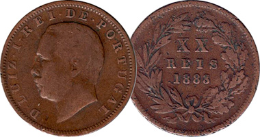 Portugal 5, 10, and 20 Reis 1882 to 1886