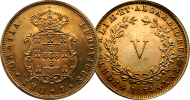 Portugal 3, 5, 10, and 20 Reis 1840 to 1879