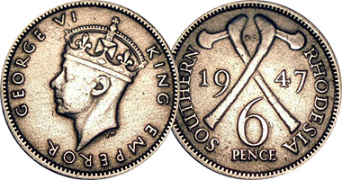 Rhodesia (Southern, Zimbabwe) 6 Pence 1932 to 1952