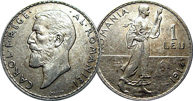 Romania 1 Leu and 2 Lei 1910 to 1914