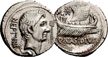 Ancient Rome Sextus Pompey Denarius (Nasidius, Neptune) 44BC and 43BC