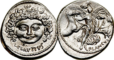 Ancient Rome Plancus Denarius with Medusa and Aurora 47BC
